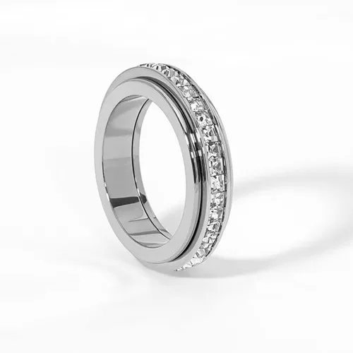 Vista 2 de Pingyongchang Anillos de ansiedad giratorios de acero de titanio para mujeres y damas, circonita cúbica, alivio de la ansiedad, boda, promesa