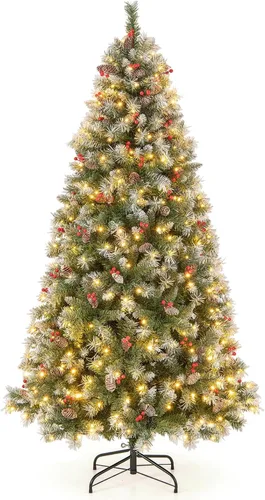 Vista 10 de Goplus Árbol de Navidad de Lápiz Preiluminado de 4.5 pies, Abeto con Bisagras de Alta Calidad, con Luces LED Blancas Cálidas y Soporte de Metal Verde