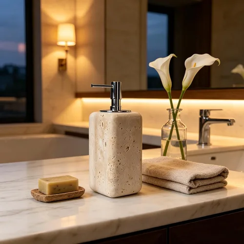Vista 5 de Dispensador de jabón de travertino, accesorios de baño, dispensador de loción de piedra cuadrada orgánica natural prémium con bomba de metal