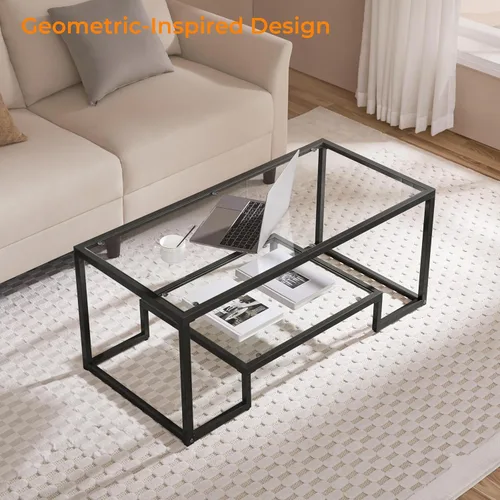 Vista 7 de Yaheetech Mesa auxiliar, mesa de centro de vidrio templado, mesas centrales simples modernas con diseño inspirado en geometría y marco de metal