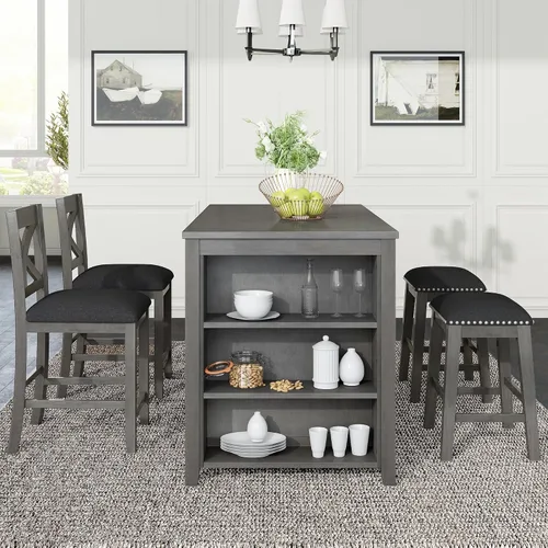 Vista 11 de Juego de mesa de comedor de altura de mostrador, juego de mesa de bar de madera de 5 piezas con mesa de comedor de almacenamiento grande, diseño que