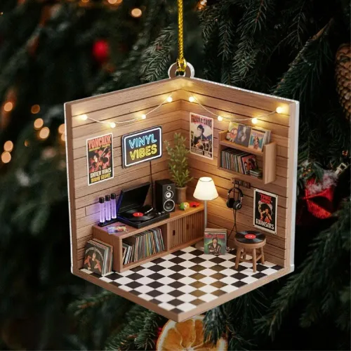Vista 15 de Adorno de Disco de Vinilo Retro Personalizado 2025, Adorno de Músico Personalizado para Amantes de la Música, Decoración de Árbol de Navidad