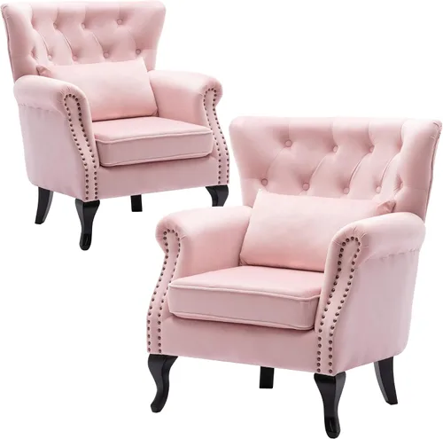Vista 38 de Juego de 2 sillas decorativas modernas de mediados de siglo, sillón de tela de lino con respaldo acolchado/patas de madera, sillón de descanso