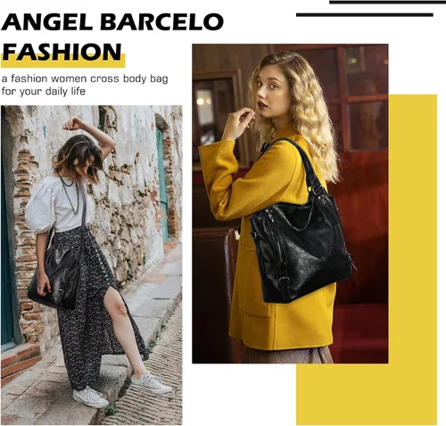 Vista 6 de Angel Barcelo - Bolsa de mano grande de piel suave con correa para el hombro para mujer
