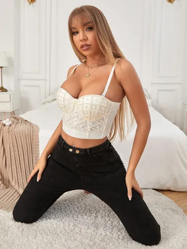 Vista 5 de SOLY HUX Camiseta corta sin mangas con diseño de perlas sintéticas para mujer