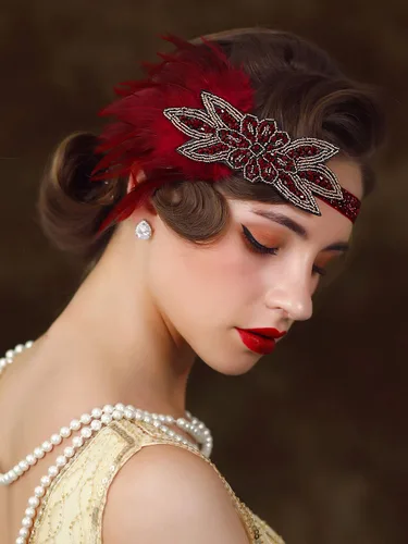 Vista 4 de SWEETV Diadema de plumas de los años 20, tocado Showgirl con lentejuelas de los años 20, accesorios para el cabello Gatsby para mujer, Borgoña