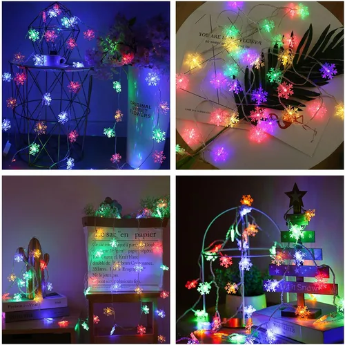 Vista 3 de AUAUY Guirnalda de luces de copos de nieve, 40 luces LED de 19.6 pies, funciona con pilas, 2 modos, luces impermeables para exteriores, interiores