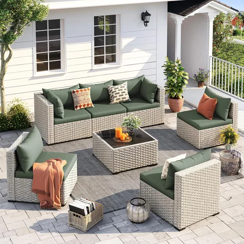 Vista 16 de UDPATIO Juego de muebles de patio al aire libre, sofá seccional modular de 7 piezas con mesa de té, juego de conversación al aire libre de mimbre PE