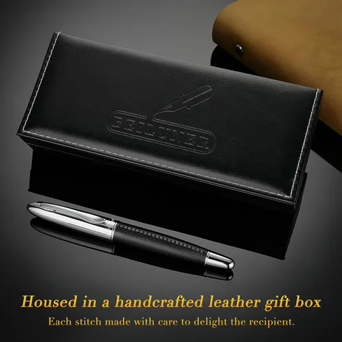 Vista 6 de BEILUNER 318 - Bolígrafo de cuero de lujo personalizado, cuero negro premium cosido a mano, acabado cromado, repuesto Schmidt, elegante set