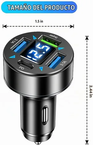 Vista 2 de Cargador rápido de coche de 4 puertos con salida de enchufe, voltímetro LED, PD3.1, súper puerto, accesorio USB universal para encendedor