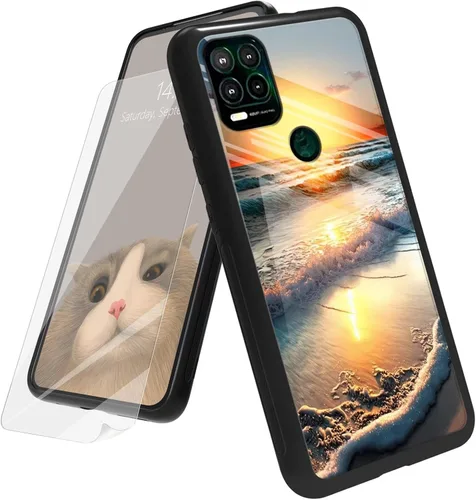Vista 92 de Funda para Motorola Moto G Play 4G 2024 con protector de pantalla, parte trasera de vidrio templado + funda de silicona suave TPU absorción