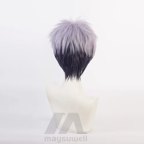 Vista 4 de Anime Cosplay Pelucas Gris Azul Púrpura Cabello Corto Rompido
