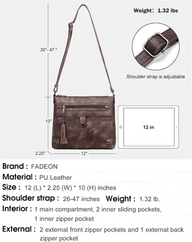 Vista 4 de FADEON Bolsos cruzados grandes para mujer, bolso cruzado de cuero de diseñador, bolso de hombro con múltiples bolsillos