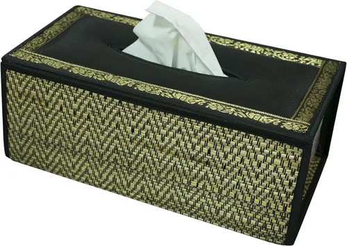 Vista 8 de Elegante estuche para caja de pañuelos hecho a mano con caña, 100% algodón, con funda de raso y dispensador, fabricado con materiales naturales B
