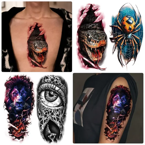 Vista 4 de 77 hojas de tatuajes temporales realistas en 3D para adultos y niños, cráneo, tigre, lobo, león, dragón, araña, serpiente, tatuajes temporales