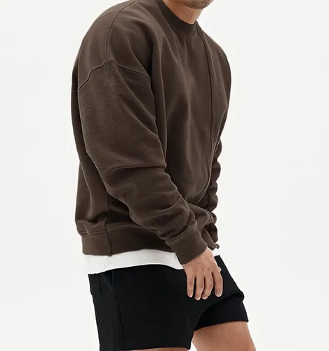 Vista 3 de babyhealthy Sudaderas con cuello redondo para hombre, diseño de retazos, informal, dobladillo irregular, para entrenamiento, deportes, color marrón