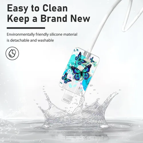 Vista 3 de Bonito protector de cable para cargador de Apple, bonito diseño de flores y mariposas, cable de datos USB, protector de cargador de teléfono
