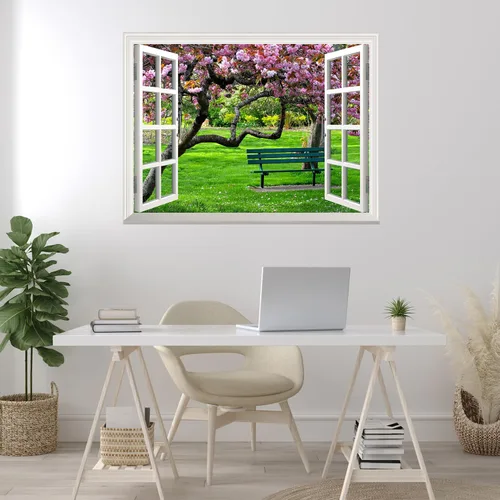 Vista 11 de wall26 Adhesivo decorativo para pared, loros verdes sentados en la rama afuera, ventana abierta, no se pega ni se pega, papel tapiz no tejido