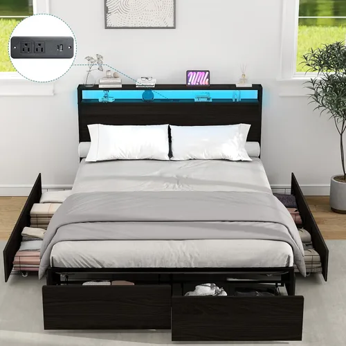 Vista 12 de Kiivakii Base de cama de tamaño matrimonial con cabecero, plataforma LED con 4 cajones de almacenamiento, estación de carga integrada, sin ruido
