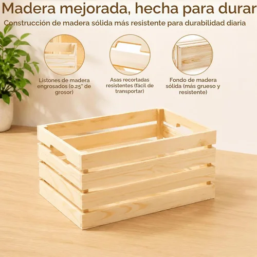 Vista 4 de Youeon Juego de 3 cajas de madera rústica con asas, cajas de madera decorativas, caja de almacenamiento de madera para cocina, oficina, dormitorio