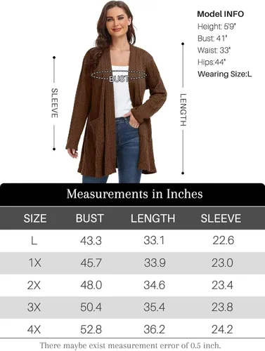 Vista 6 de BELAROI Cárdigan de punto trenzado con frente abierto para mujer, talla grande, manga larga, holgado, abrigo de otoño con bolsillos