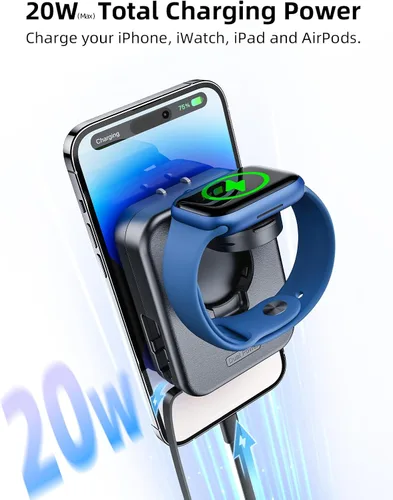Vista 4 de Bloque de cargador para Apple Watch, cargador de pared 2 en 1 con cable de carga retráctil integrado, adaptador de corriente de enchufe plegable