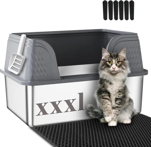 Vista 7 de Suhaco Caja extra grande de arena para gatos de acero inoxidable con tapa XXL Cajas de arena para gatos con lados altos incluidas Alfombrilla