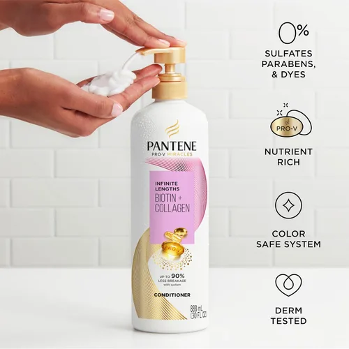 Vista 6 de Pantene Infinite Lengths Acondicionador con biotina + colágeno, fortalece el cabello quebradizo, hasta un 90% menos de roturas, milagro en 1 minuto