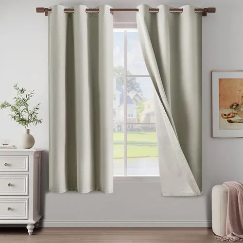 Vista 35 de Cortinas texturizadas de lino 100% opacas de 64 pulgadas de largo, juego de 2 paneles para granja, casa de campo, cortinas ligeras con ojales