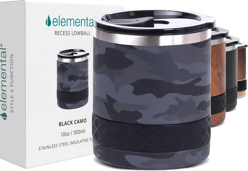Vista 15 de Elemental Recess Vaso bajo de 10 oz, taza de acero inoxidable de triple pared con tapa de Tritan no fracturable, vaso de whisky aislado, taza