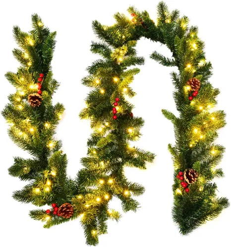 Vista 13 de Goplus - Guirnalda de Navidad preiluminada de 2,7 m, guirnalda artificial con luces, funciona con baterías, con 140 PVC y agujas de pino, conos