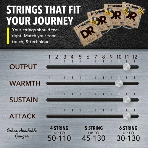 Vista 6 de DR Strings - Hi-Beams - Juego de cuerdas para bajo de 4 cuerdas - Mediano 45-105 - Núcleo redondo de acero inoxidable - Accesorios para bajo (MR-45)