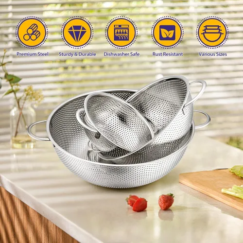 Vista 5 de E-far Juego de 3 coladores de acero inoxidable (1-3-5 cuartos de galón), colador de metal microperforado con mango para cocina/escurrimiento