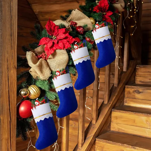 Vista 4 de Skylety 12 calcetines azules de fieltro de Navidad para decoración a granel, 14.96 x 9.84 pulgadas, tela no tejida, para árbol de Navidad, adornos