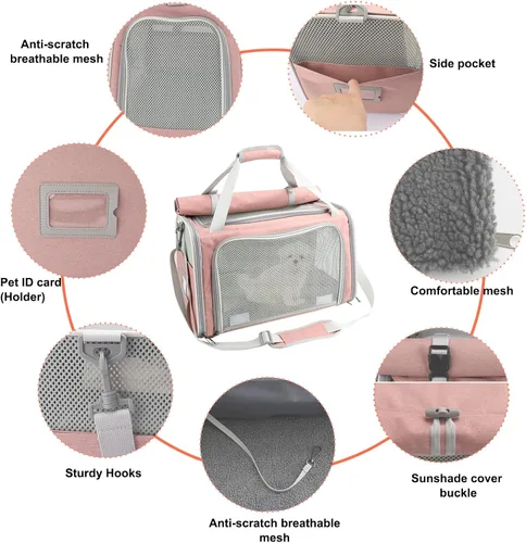 Vista 5 de Texsens Transportador para gatos – Transportador plegable grande para 2 gatos, aprobado por aerolíneas, protección de privacidad (rosa)