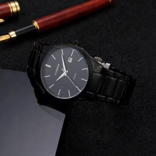 Vista 6 de Todos los relojes de acero negro para hombres clásico reloj de acero inoxidable casual negocios cuarzo analógico reloj de pulsera con calendario 8106
