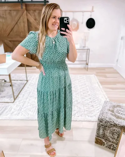 Vista 8 de Prettygarden - Vestido largo de manga corta con cuello redondo y cintura elástica fruncida para mujer, vestido de verano bohemio, floral