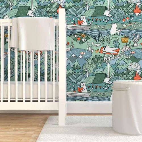 Vista 6 de Papel tapiz para despegar y pegar – Day Lake restaura la naturaleza, animales, gatos, picnic de verano, gatos, papel tapiz extraíble personalizado