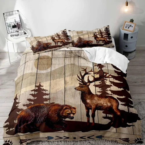 Vista 14 de LUVIVIHOME Juego de funda de edredón de 2 piezas, diseño de oso y alce, ciervo, ciervo, ropa de cama de cabaña, ropa de cama rústica de granja