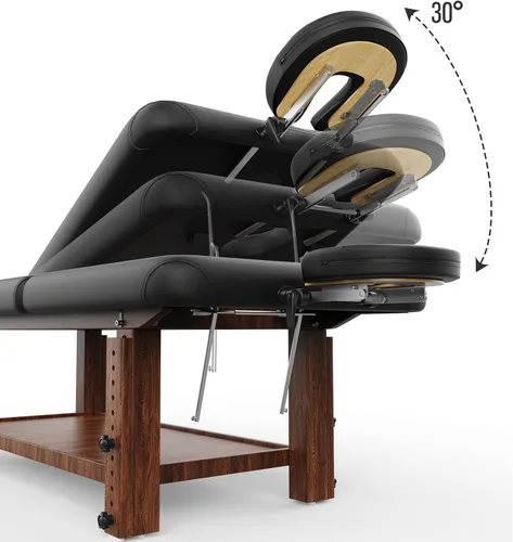 Vista 4 de Mesa de masaje estacionaria con marco de madera resistente con patas de altura ajustable, respaldo, para tratamiento, terapia física, cama de masaje
