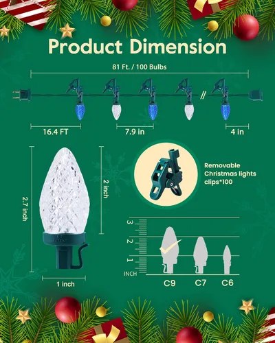 Vista 5 de Luces LED C9 de Navidad para exteriores con 100 clips de resorte, tira de 100 luces LED C9 de 65 pies, impermeables, conectables para techo, patio