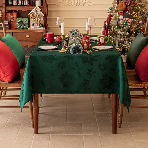 Vista 7 de Softalker - Mantel navideño de jacquard, mantel rectangular de damasco vintage de invierno, mantel de poliéster impermeable con copos de nieve