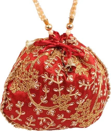 Vista 4 de Touchstone Bolsa tradicional india bordada a mano, regalos de compras, joyería de boda, perlas de imitación, cuerdas, bolsa con cordón para mujer.