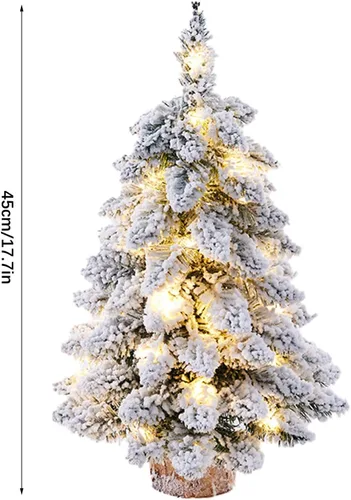 Vista 6 de 2 piezas preiluminado árbol de Navidad de mesa nevado con luces LED, base de madera, mini árbol de pino de Navidad para mesa, escritorio, decoración