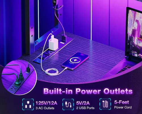 Vista 6 de ODK Escritorio en forma de L de 43 pulgadas con iluminación LED, escritorio reversible para juegos con tomas de corriente, mesa de computadora