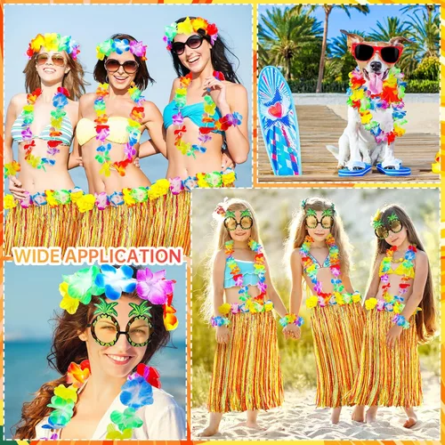 Vista 4 de 6 juegos de falda hawaiana Luau Hula de hierba con piña, flores de sol para vacaciones, fiesta de verano hawaiana, cosplay