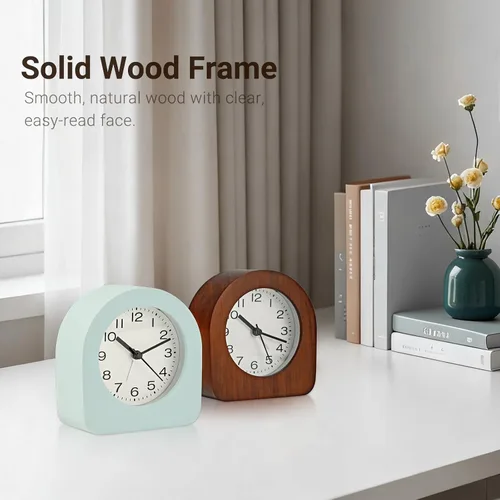 Vista 9 de Reloj despertador analógico vintage de madera maciza, funciona con pilas, con luz nocturna no interrumpida, reloj despertador sin tictac con botón