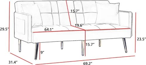 Vista 2 de Sofá sofá futón con respaldo ajustable, sofá biplaza de terciopelo con patas de metal para sala de estar, dormitorio, espacio pequeño (gris)