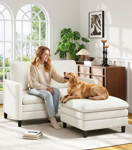 Vista 33 de Welzona Loveseat, 51" Small L Shaped Couch, Comfy Teddy Love Seat with Ottoman Set, Tool-Free Setup Loveseat Sofa with Ottoman, All-Wood Small Sofa