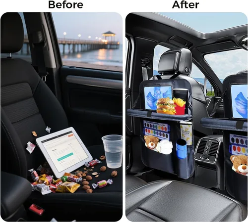 Vista 5 de Organizador de coche para asiento trasero (paquete de 2), 9 bolsillos de almacenamiento, organizador de automóvil con soporte para tableta